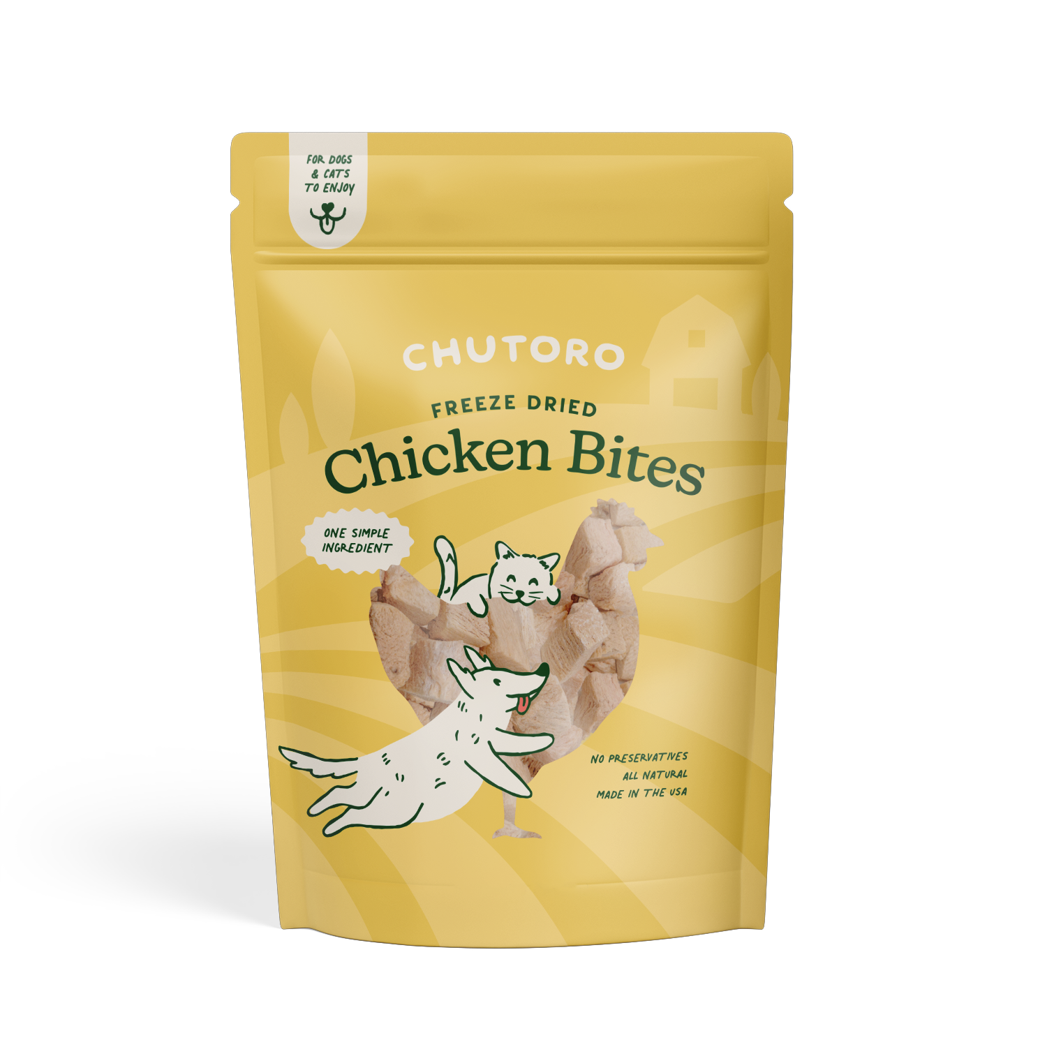 Yellow package of Chutoro freeze-dried chicken bites for pets on a white background