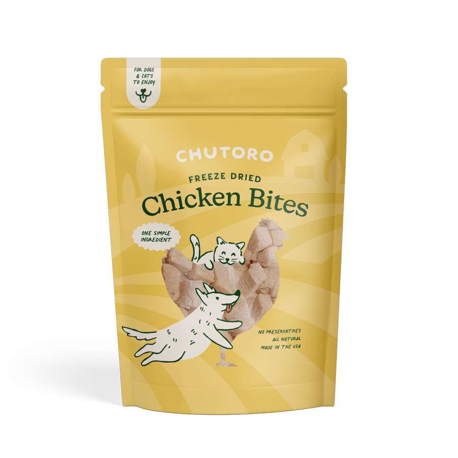 Yellow package of Chutoro freeze-dried chicken bites for pets on a white background