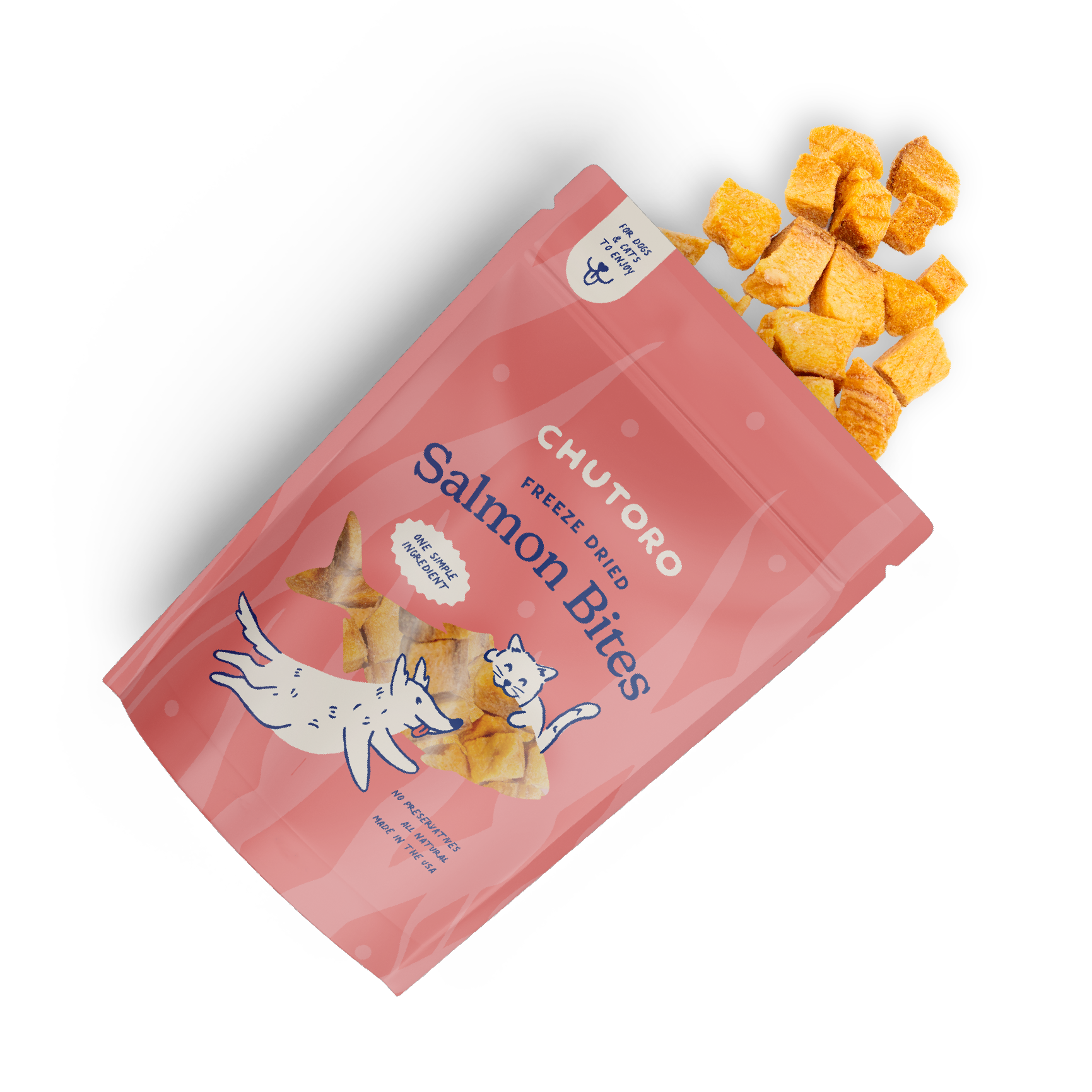 Overhead view of Chutoro Pets Salmon Bites with freeze dried salmon pieces displayed outside the bag