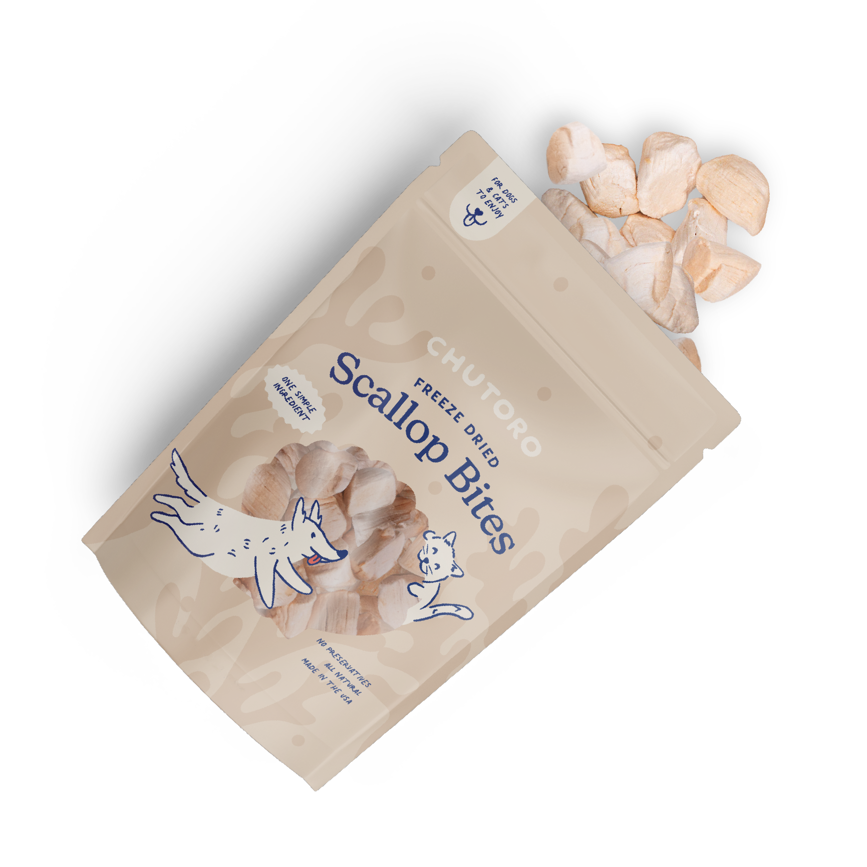 Overhead view of Chutoro Pets Scallop Bites with freeze dried scallop pieces displayed outside the bag