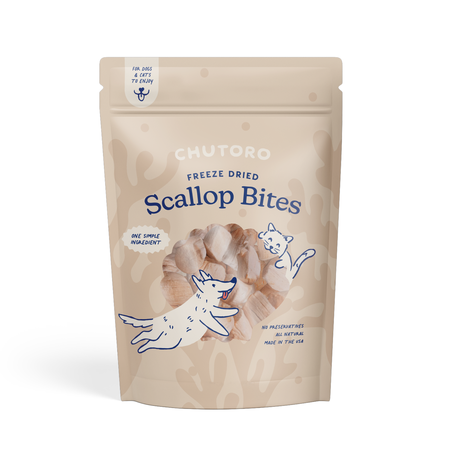Chutoro Pets Scallop Bites bag - freeze dried single-ingredient bay scallop treats for dogs and cats
