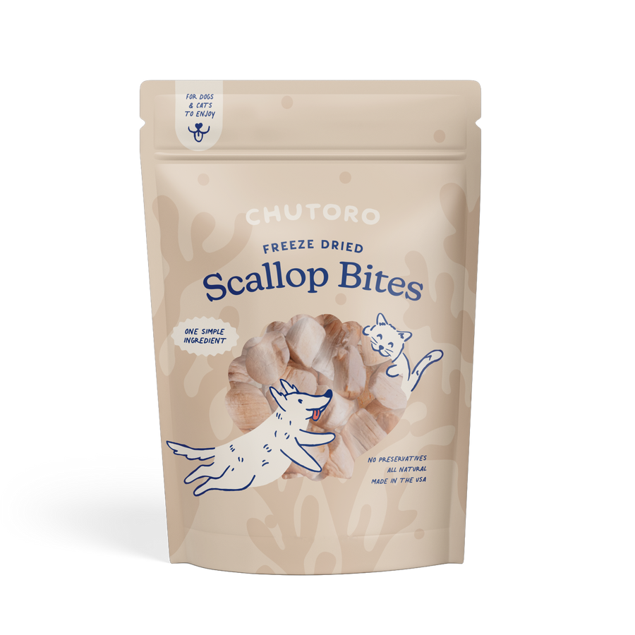 Chutoro Pets Scallop Bites bag - freeze dried single-ingredient bay scallop treats for dogs and cats
