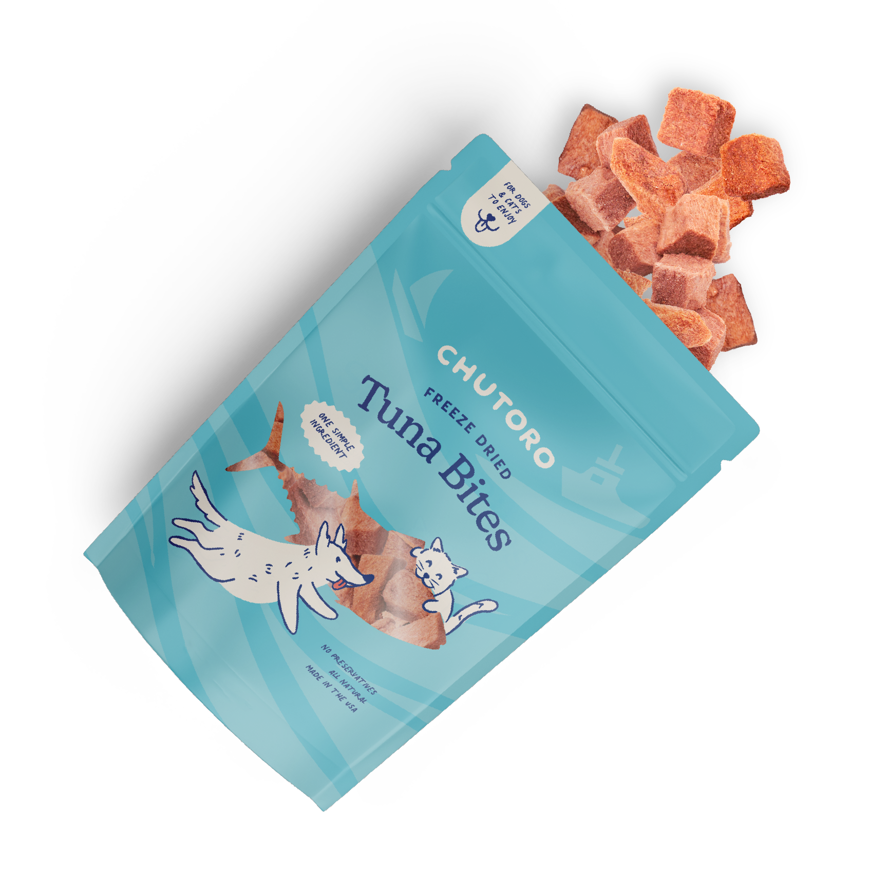 Overhead view of Chutoro Pets Tuna Bites with freeze dried tuna pieces displayed outside the bag